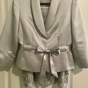 Classic Women's Satin Bow-Waist Blazer Jacket - Light Gray with lace skirt